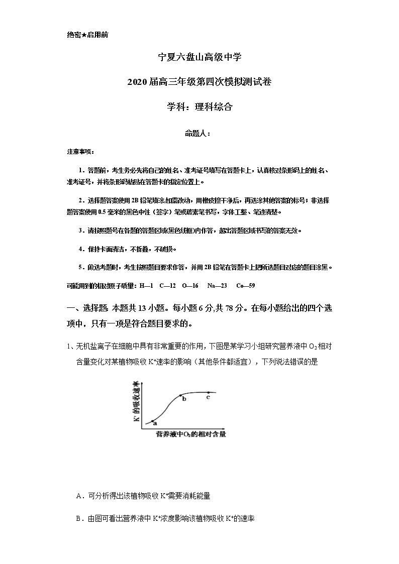 2020宁夏六盘山高级中学高三第四次模拟测试理科综合试题含答案01