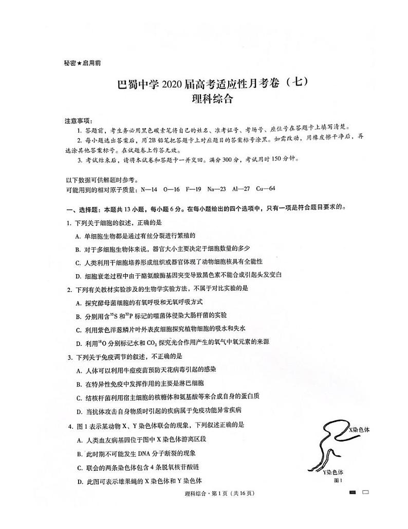 巴蜀中学适应性月考卷(七)理科综合试题第1页