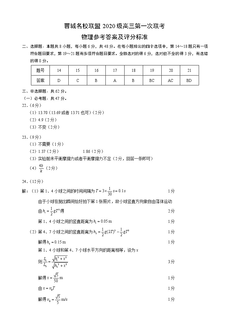 蓉城名校联盟2020级高三第一次联考物理参考答案及评分标准第1页