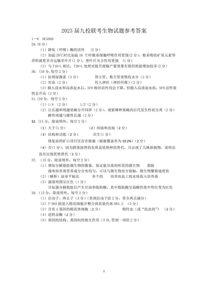 江西省重点中学协作体·九校2023届高三高考第一次联考 理科综合试题及答案（含答题卡）01