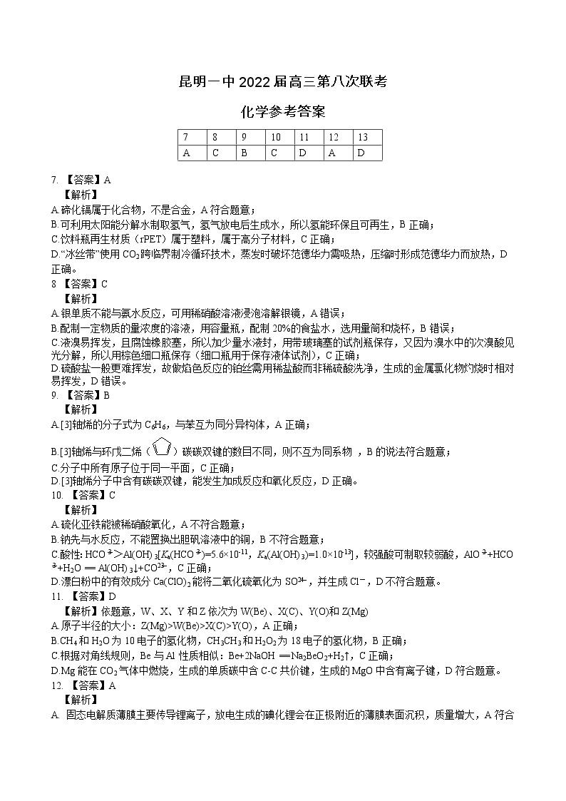 2022届云南省昆明市第一中学高三第八次考前适应性训练试卷与答案 理综 PDF版01