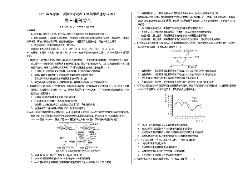 2023年高考第一次模拟考试卷:全国甲卷理综A卷(考试版)版第1页