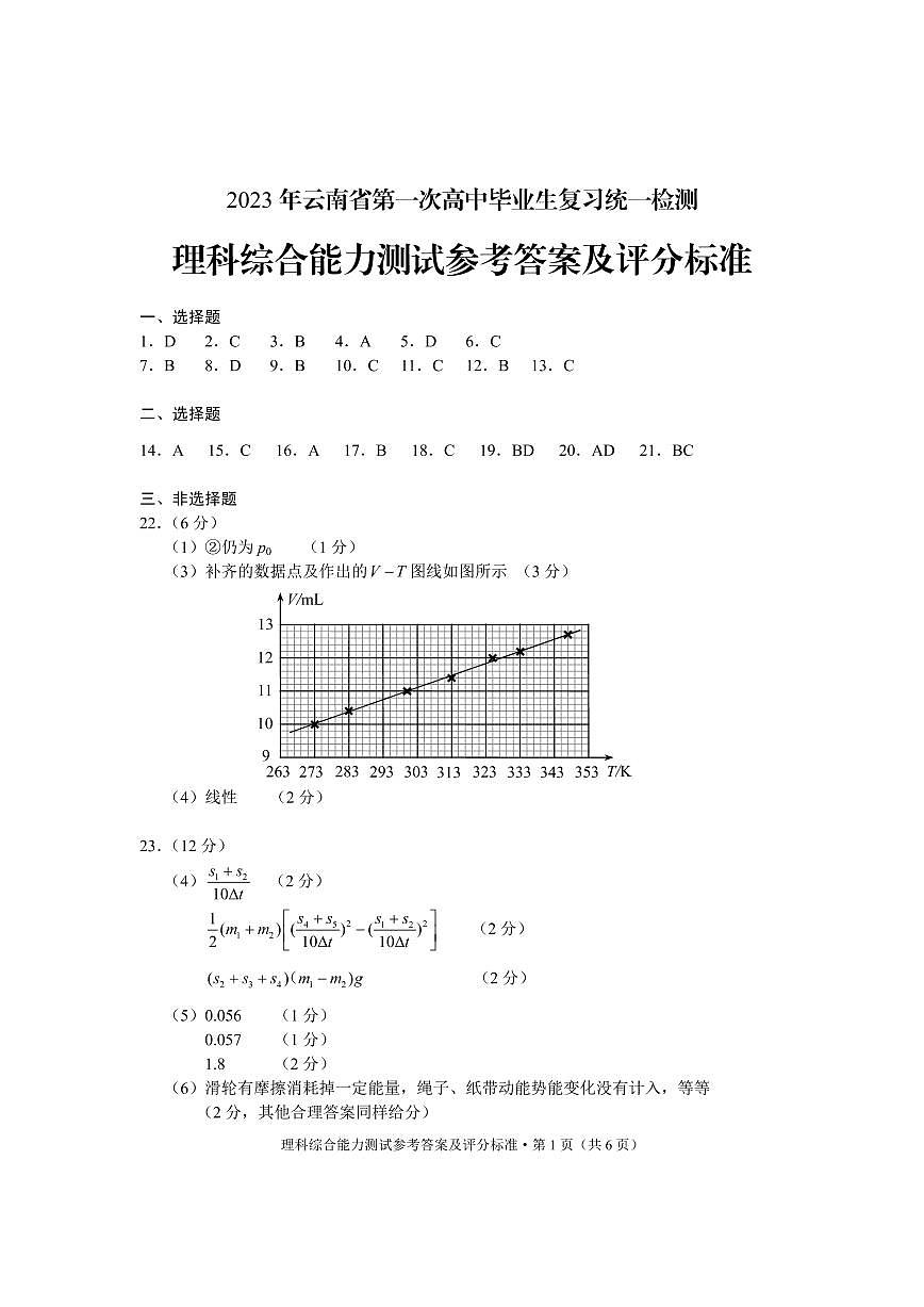 2023云南省第一次統(tǒng)測(cè)理綜答案第1頁