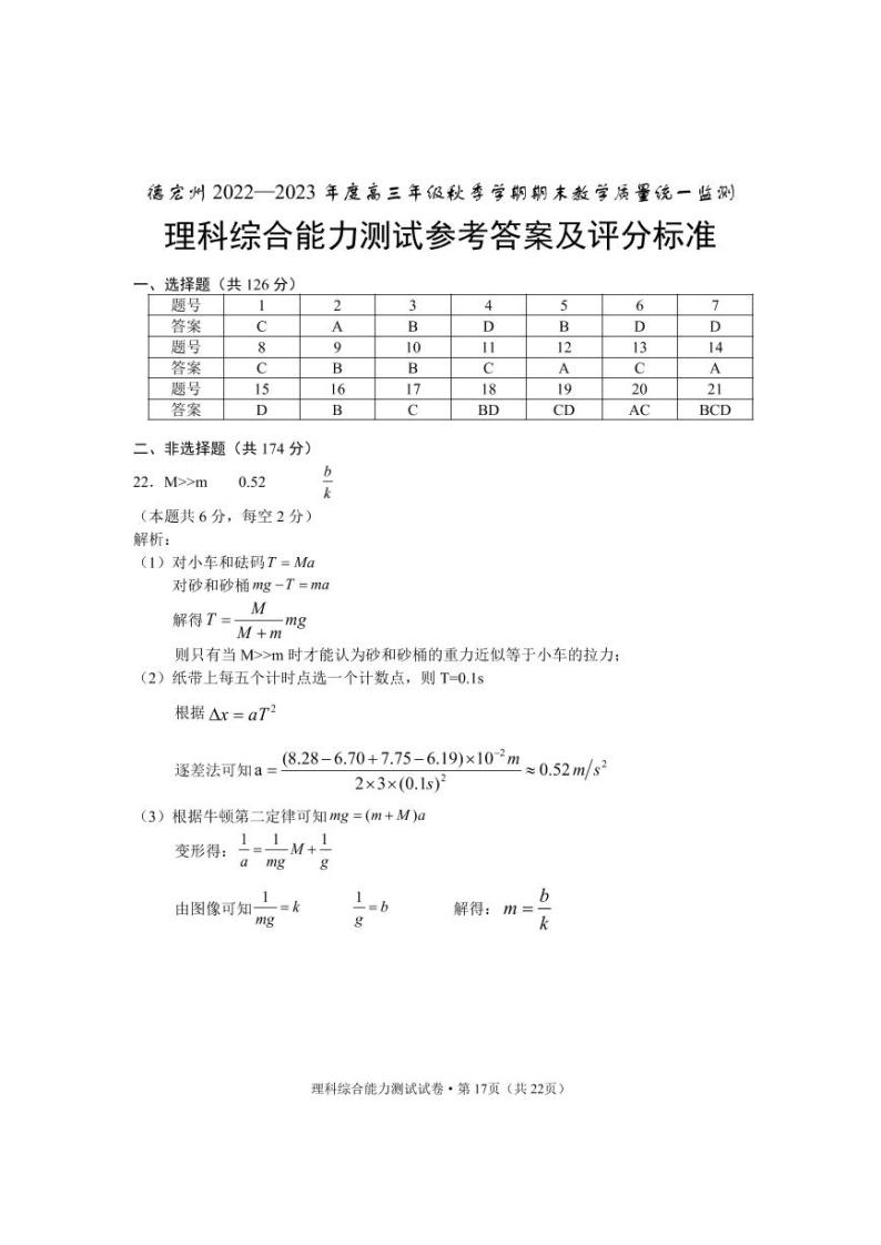 云南省德宏州2023届高三上学期期末考试 理综试题及答案01