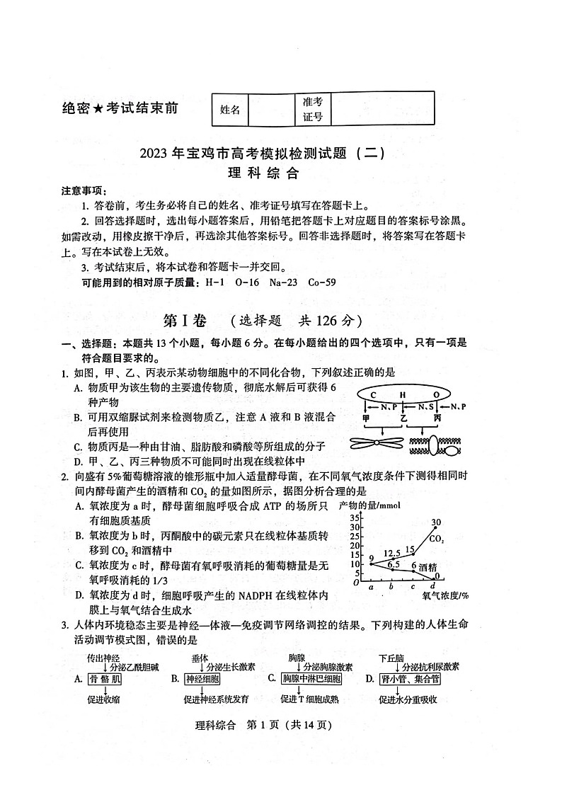 2023宝鸡高三下学期二模理综试题扫描版含答案01