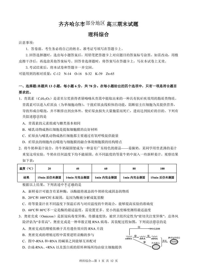 2022-2023学年黑龙江省齐齐哈尔市高三上学期期末考试 理综 PDF版01