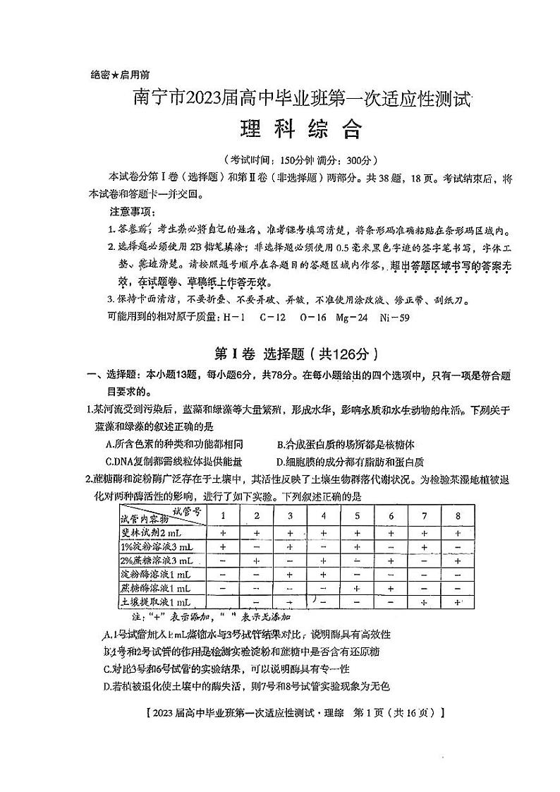 2023南宁高三下学期一模理综试题扫描版含解析01