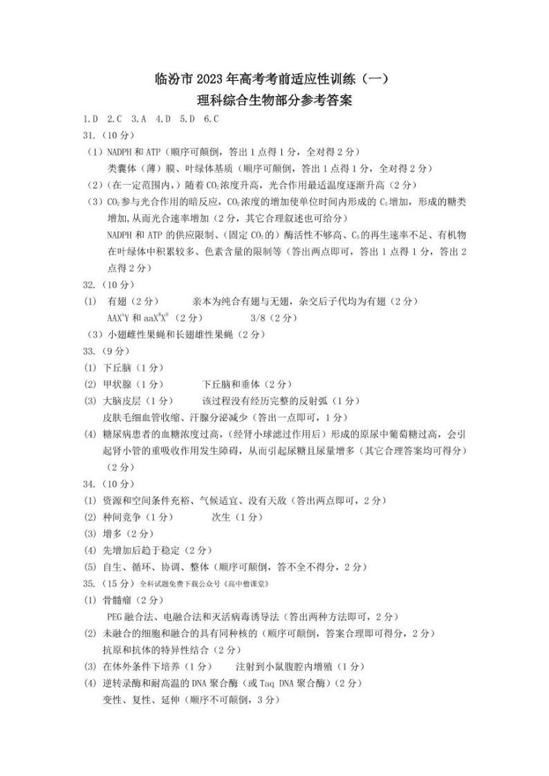 2022-2023学年山西省临汾市高三下学期考前适应性训练考试（一）（一模） 理综 PDF版01