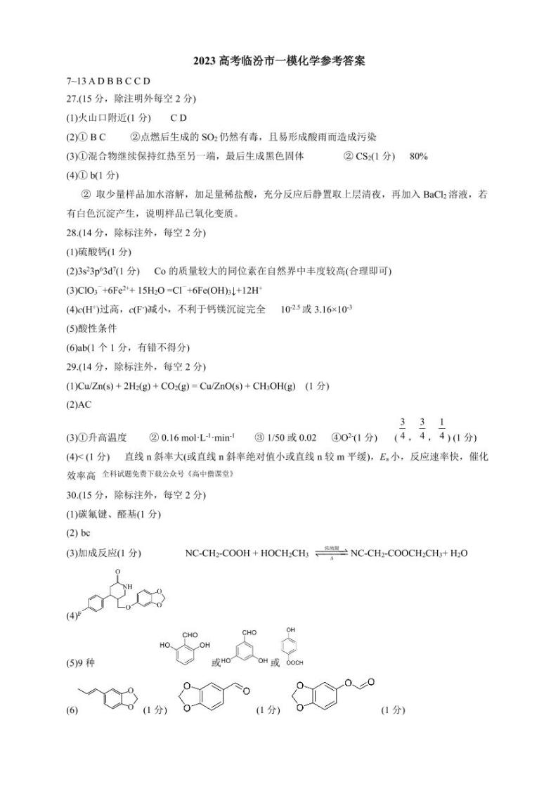 2022-2023学年山西省临汾市高三下学期考前适应性训练考试（一）（一模） 理综 PDF版01