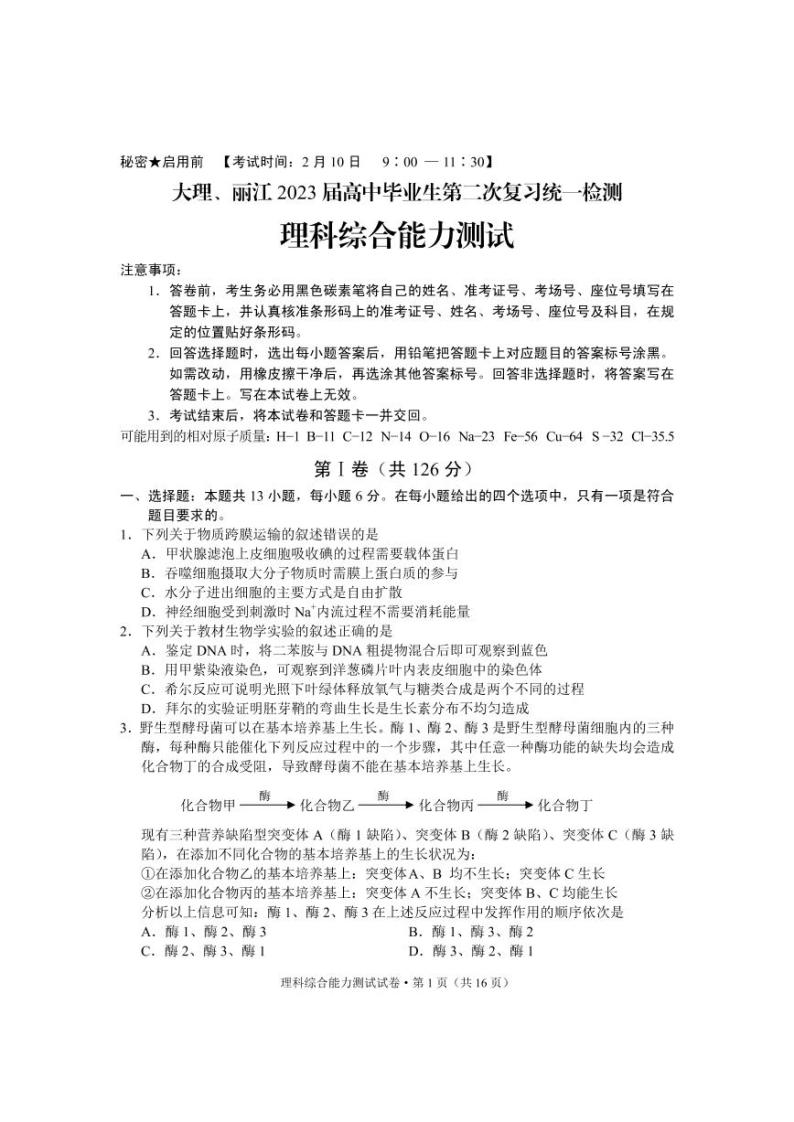 2022-2023学年云南省大理、丽江高三下学期2月第二次联考理综试题 PDF版01