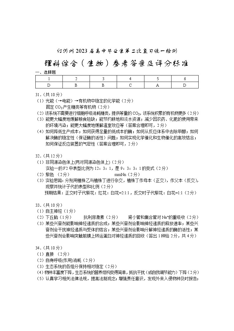 云南省红河州2023届高三下学期第二次复习统一检测生物答案第1页