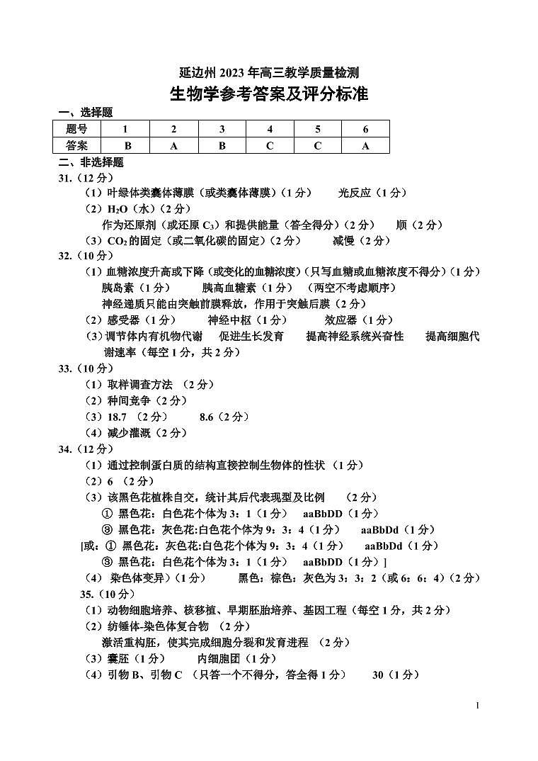 2023届吉林省延边州高三二模统考理综试题01