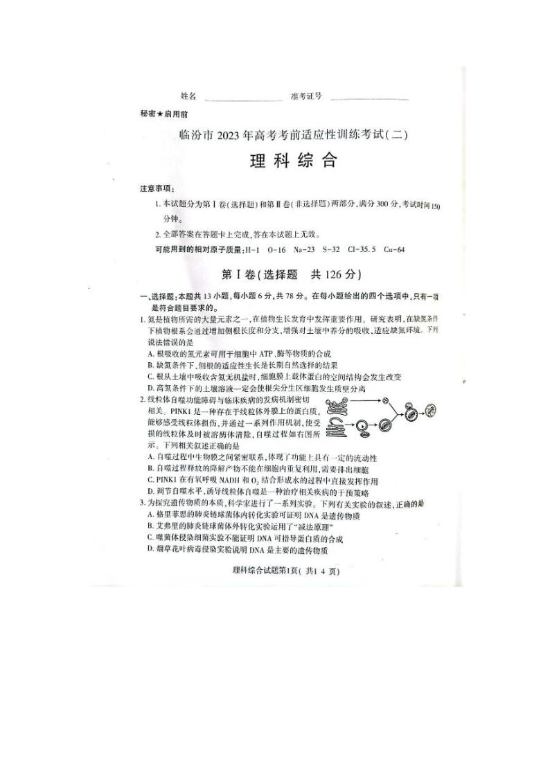 2023届山西省临汾市高三下学期高考考前适应性训练考试（二） 理综 PDF版01