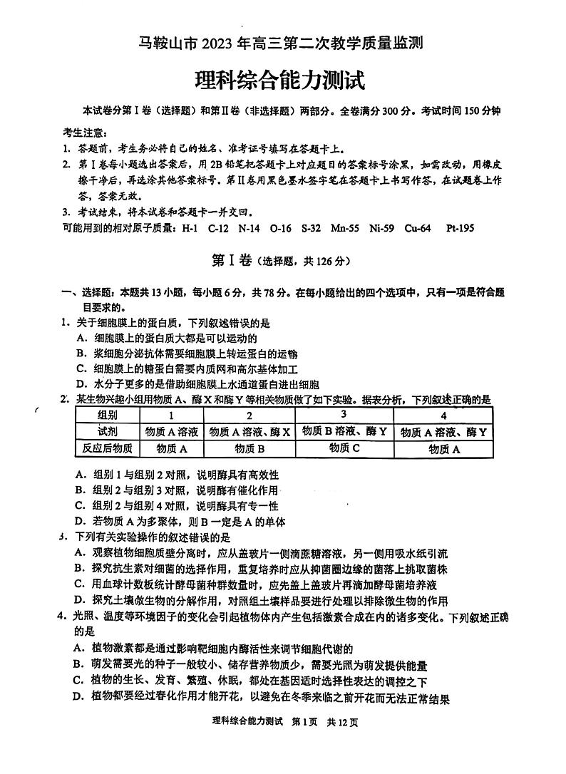 2023届安徽省马鞍山市、滁州市高三下学期第二次教学质量监测试题(二模) 理综 PDF版01