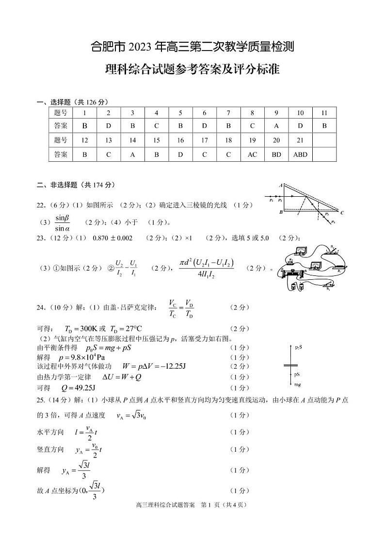 2023届安徽省合肥市高三第二次教学质量检测 理综答案第1页