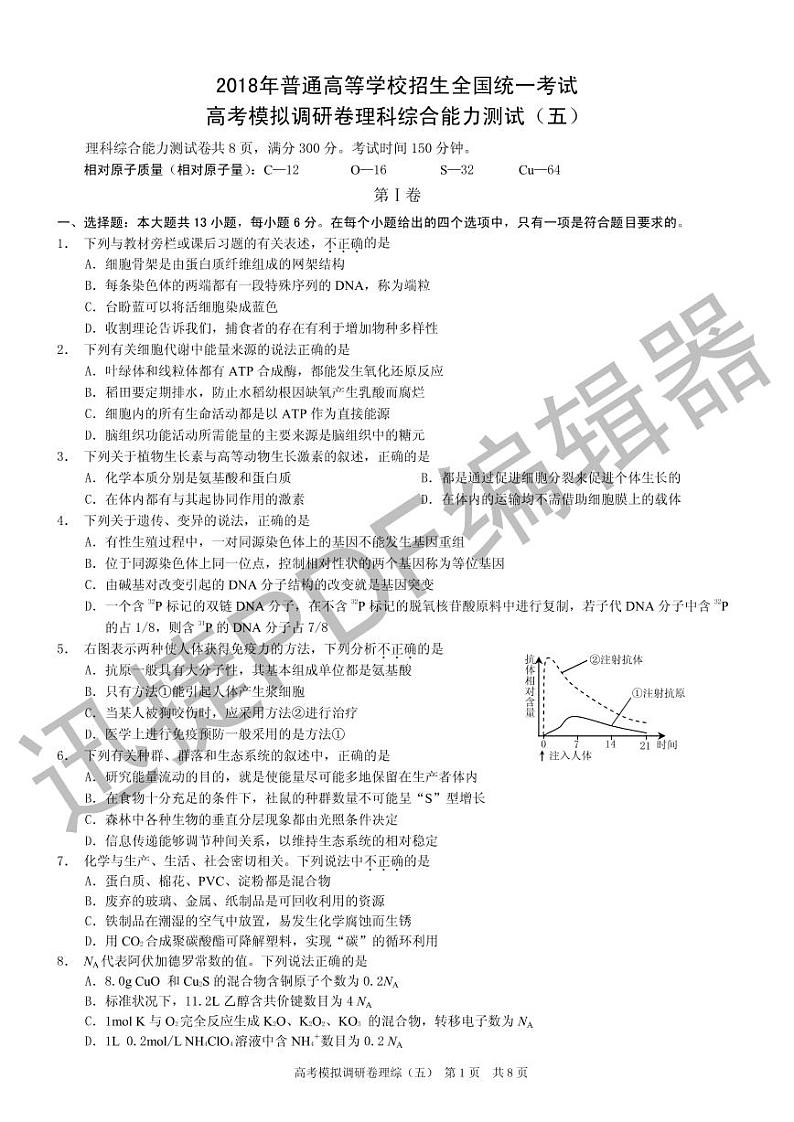 2018年普通高等学校招生全国统一考试高考模拟调研卷(五)理综试题(pdf版)01