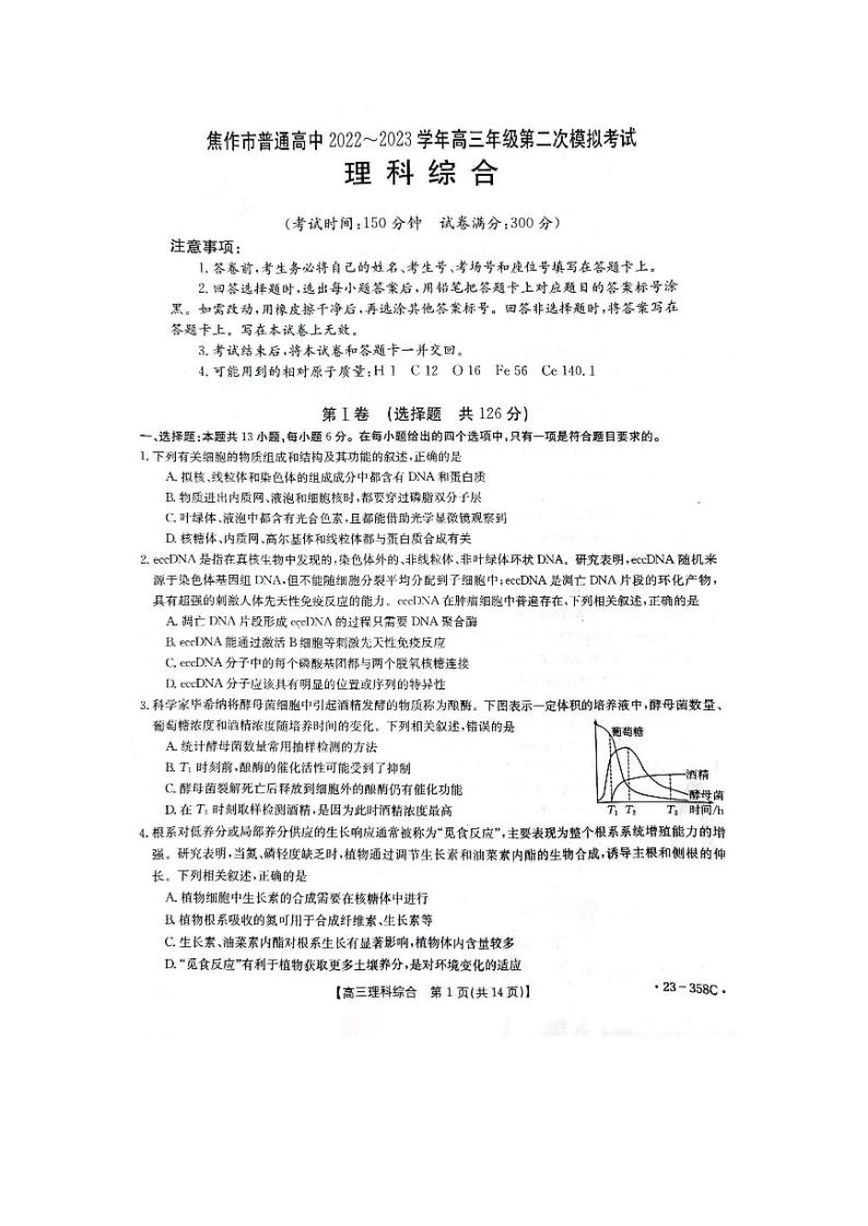 2023届河南省焦作市普通高中高三下学期第二次模拟考试 理综 PDF版01