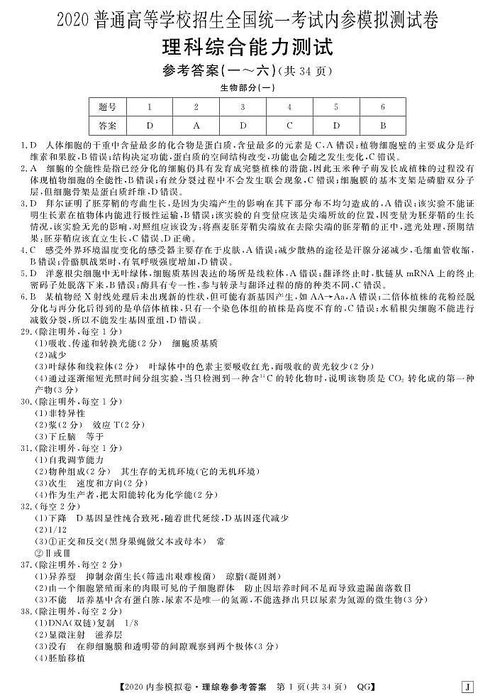 20内参模拟-理综DA1生物第1页