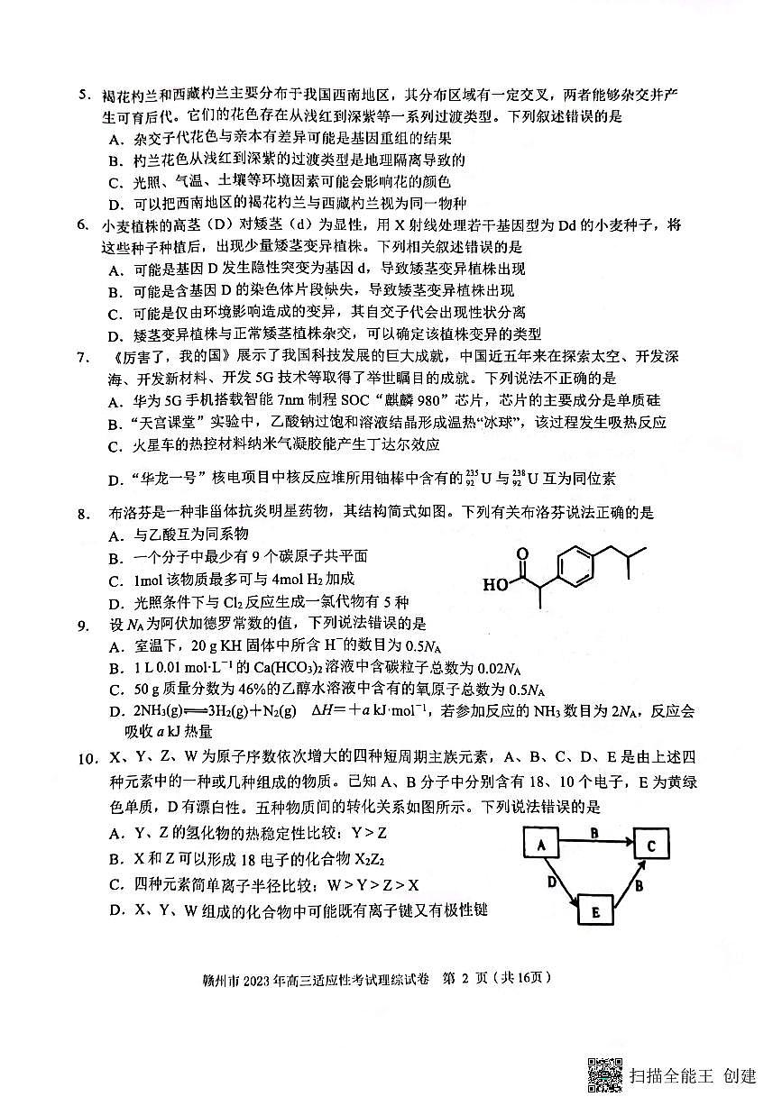 2023屆江西省贛州市高三第二次模擬考試 理綜第2頁(yè)