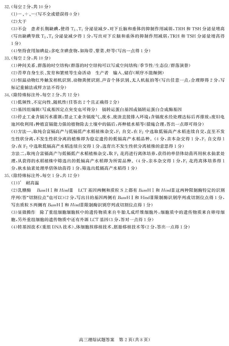 晉中市2023年5月普通高等學校招生模擬考試 理綜答案B卷第2頁