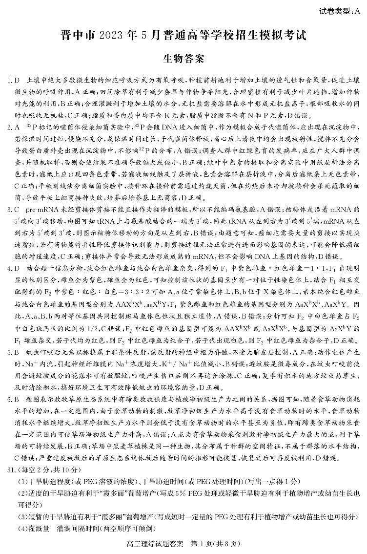 晉中市2023年5月普通高等學校招生模擬考試 理綜答案A卷第1頁