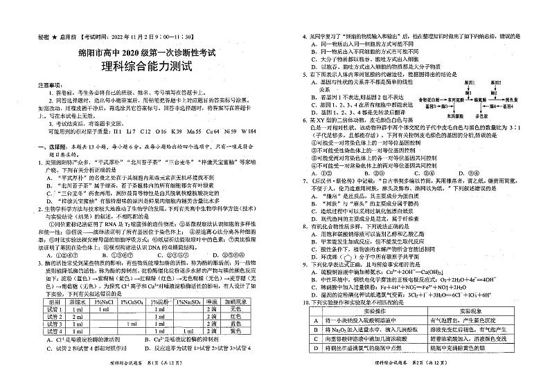 2023届四川省绵阳市高三上学期第一次诊断性考试理综试题第1页