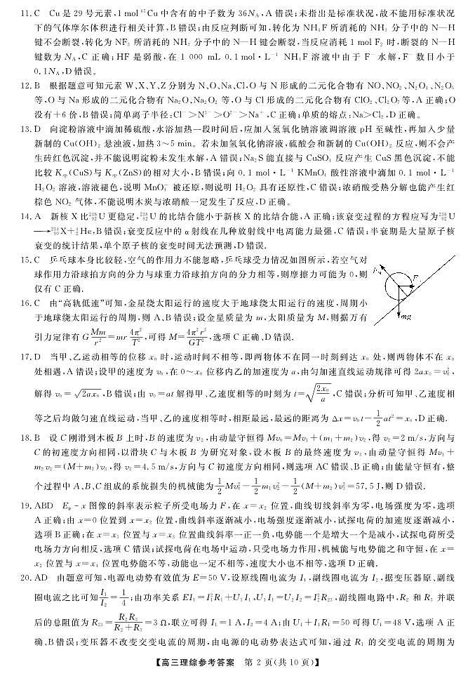 广西2023年5月高中毕业班高考模拟测试理综参考答案02