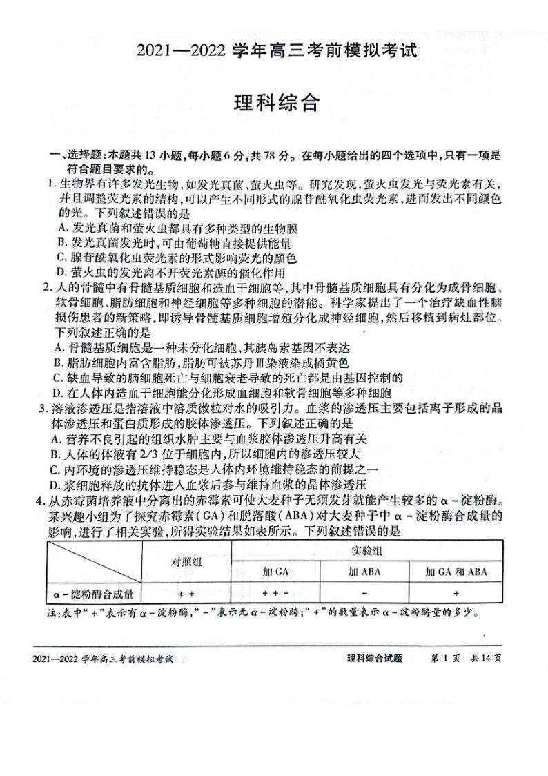 2022届河南省名校联盟高三考前模拟卷-理综试卷（PDF版）01