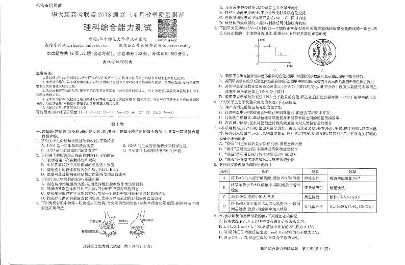 2018届湖北省华大新高考联盟高三4月教学质量测评理综试题 PDF版,无答案第1页