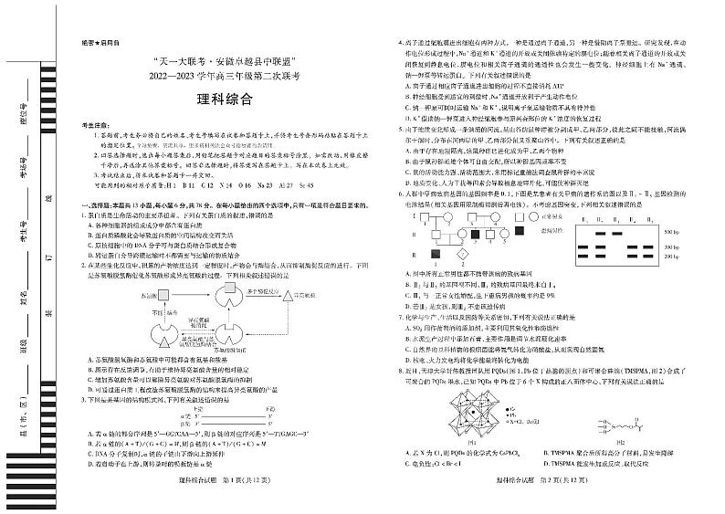 2023天一大联考安徽卓越县中联盟高三第二次联考理综试题及答案第1页
