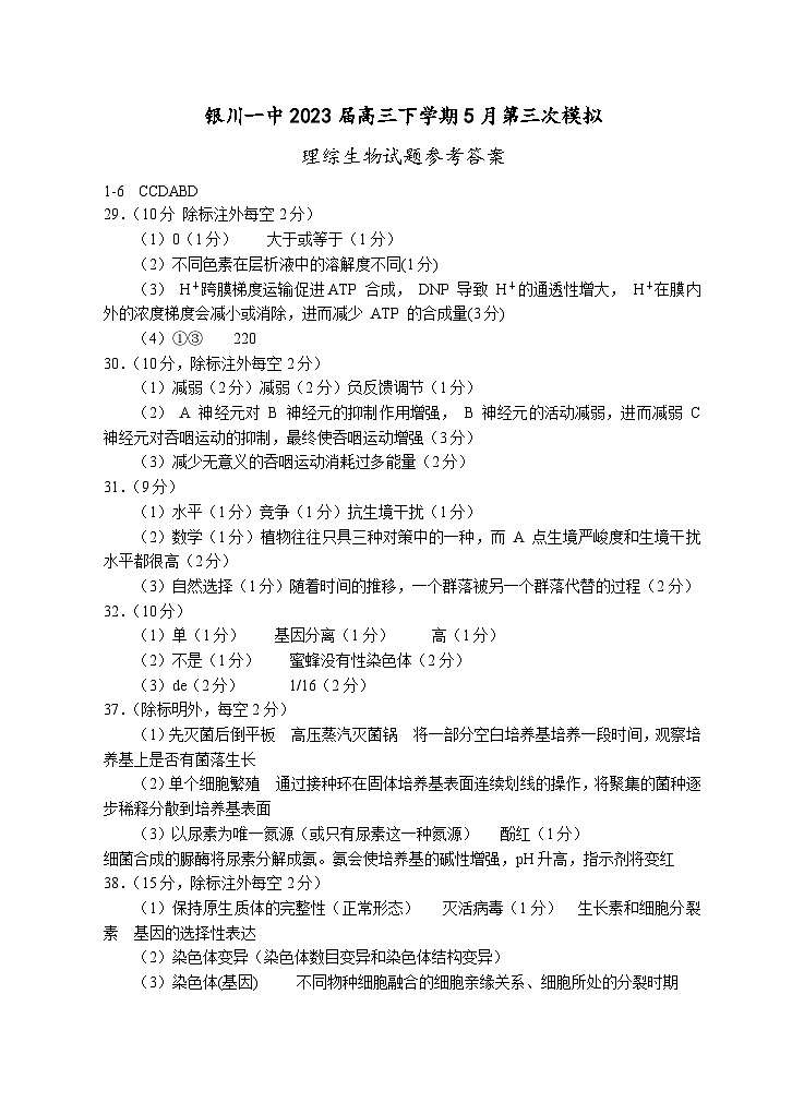 2023届宁夏回族自治区银川一中高三下学期5月第三次模拟理科综合试题( word版)01