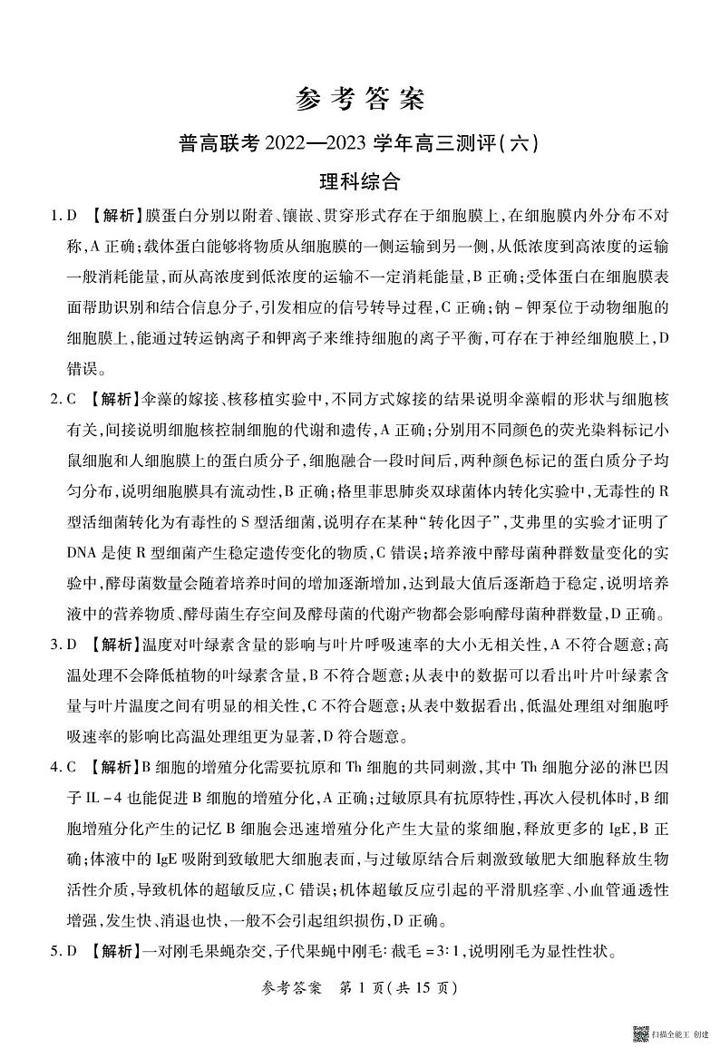 河南省普高联考2022-2023学年高三下学期测评(六)理综答案和解析第1页