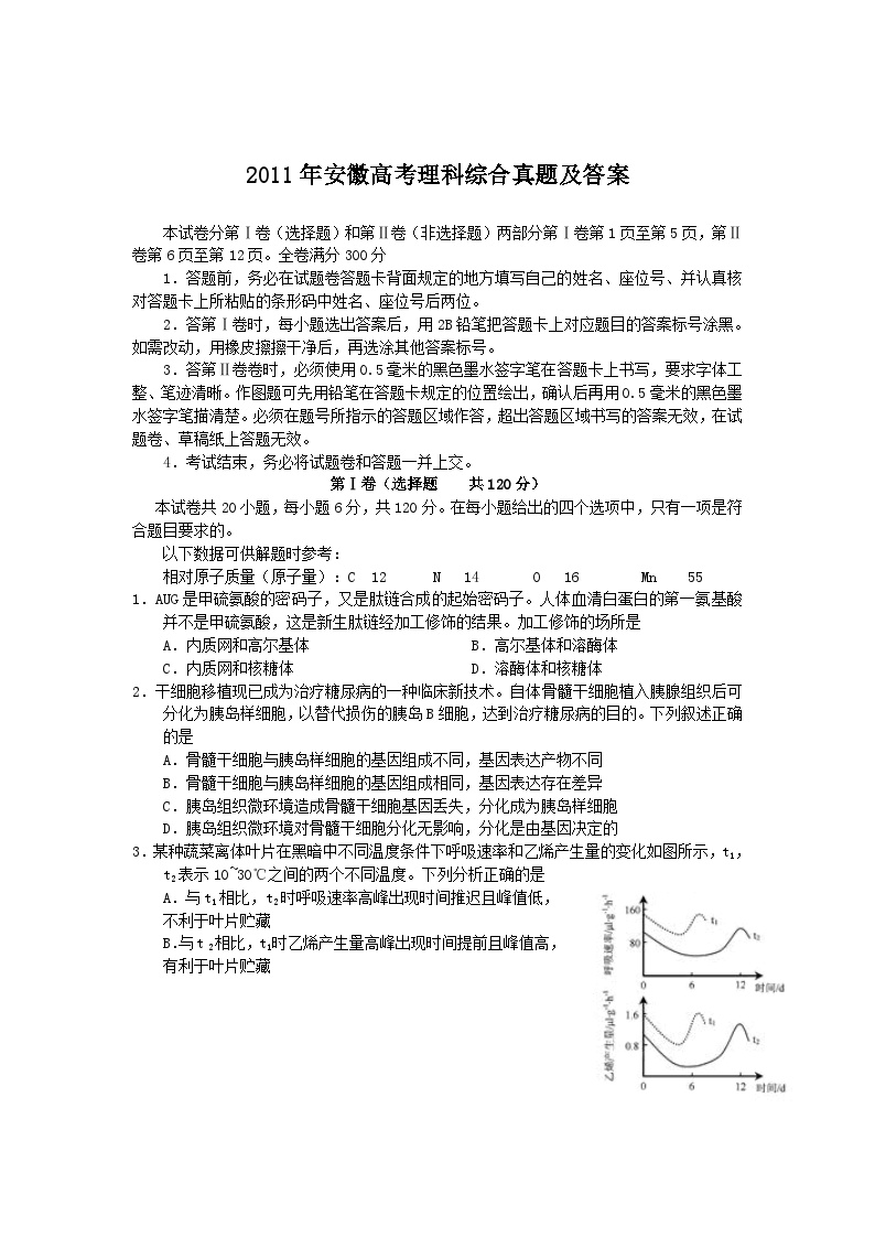 2011年安徽高考理科综合真题及答案