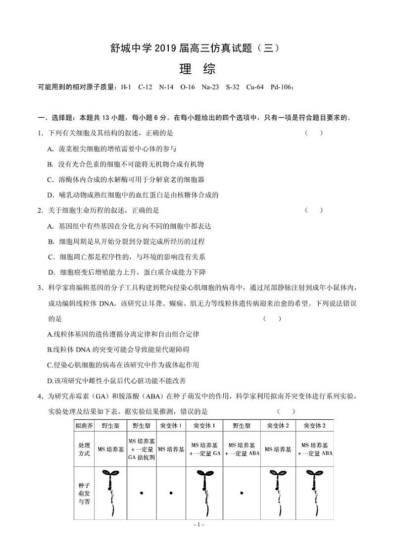 2019届安徽省六安市舒城中学高三下学期第三次仿真模拟理科综合试题(PDF版)第1页
