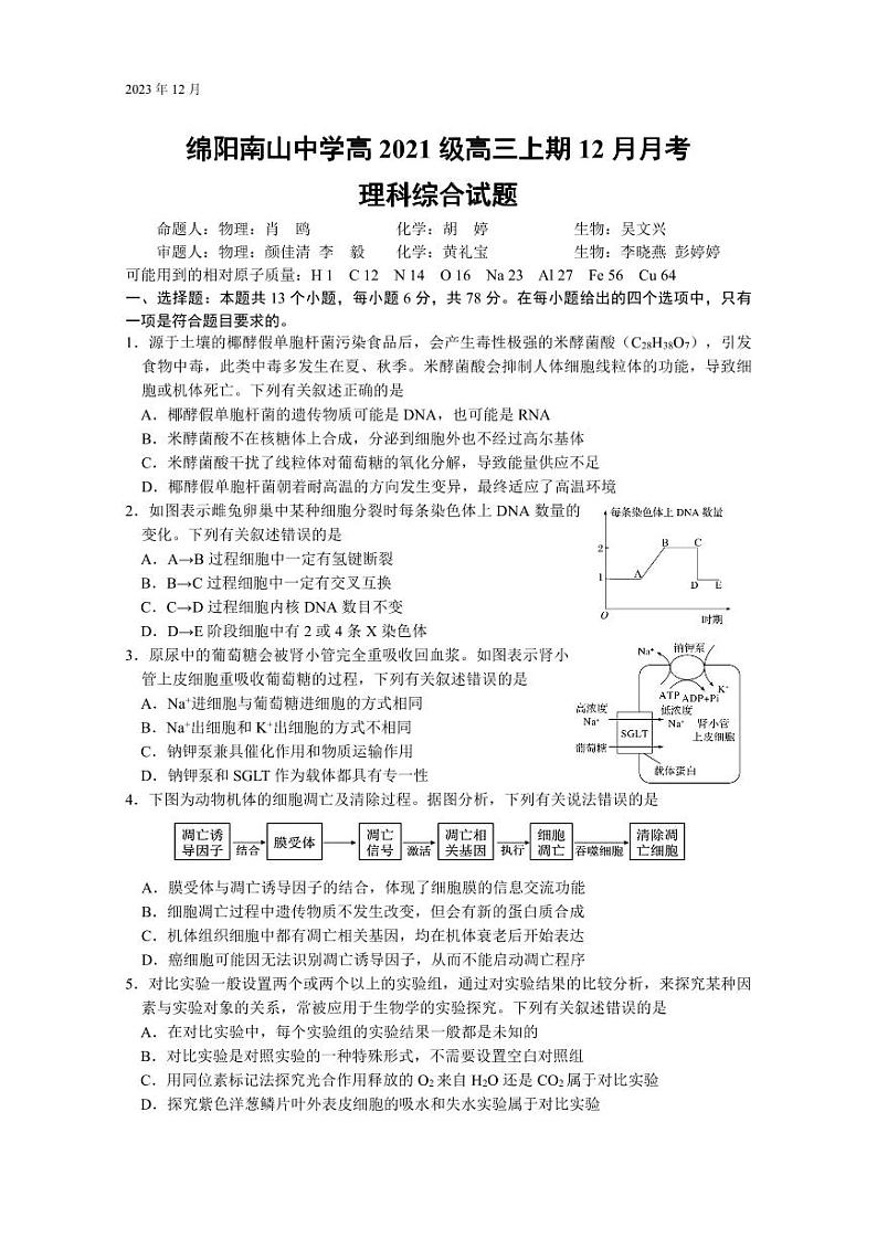 2024绵阳南山中学高三上学期12月月考试题理综PDF版含答案(可编辑)01