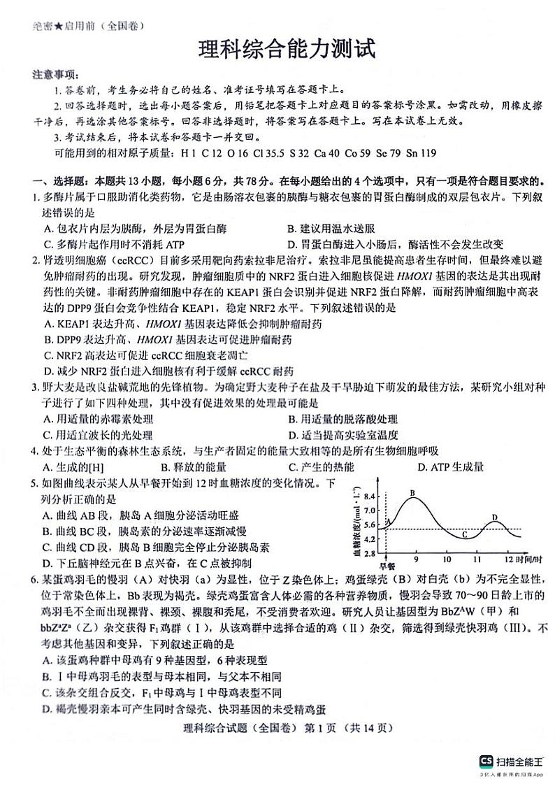 2024榆林十校联考高三上学期12月月考试题理综PDF版含解析第1页