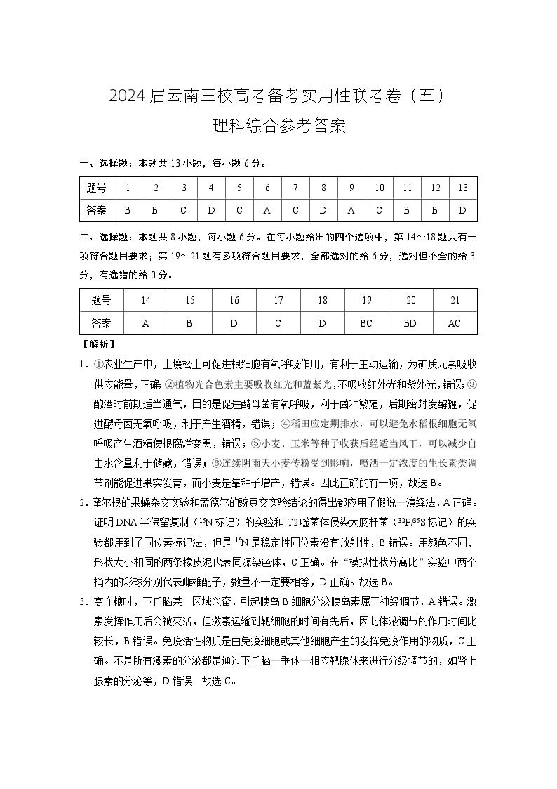 2024届云南三校高考备考实用性联考卷（五）理综01