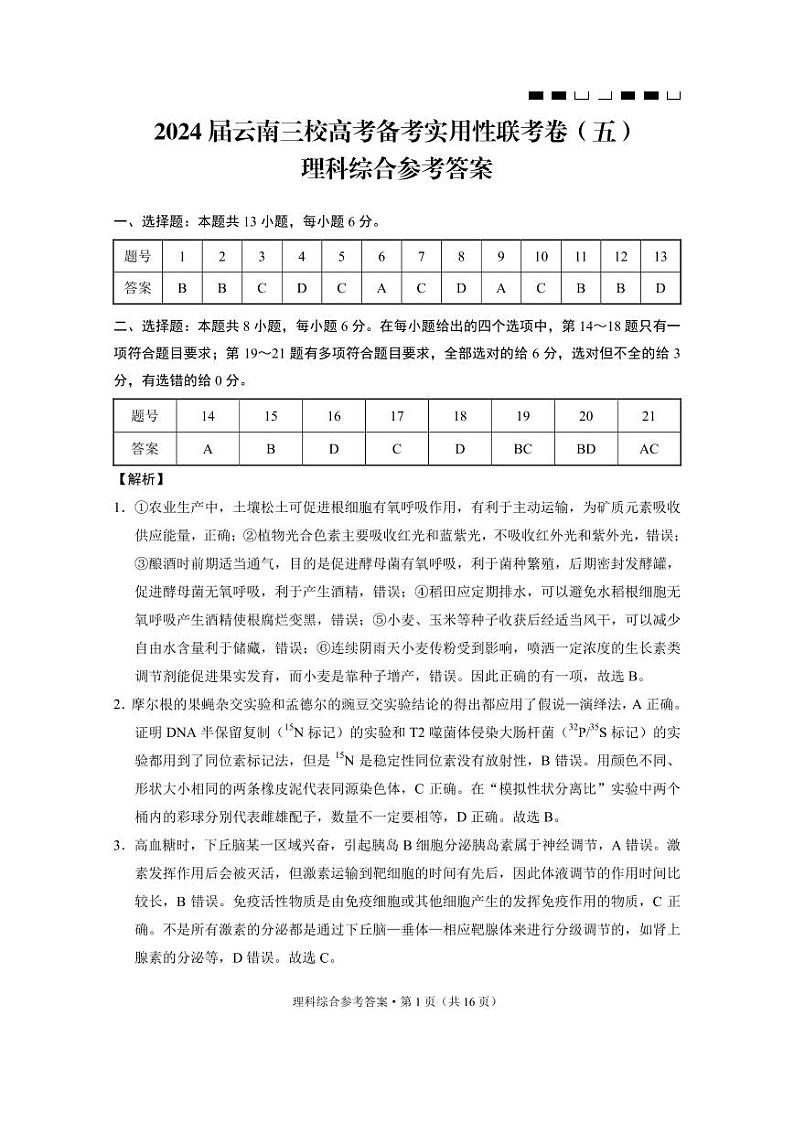 2024届云南三校高考备考实用性联考卷(五)理综01