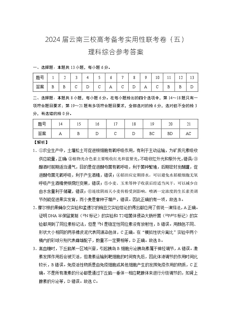2024届云南三校高考备考实用性联考卷(五)理综-答案和解析第1页