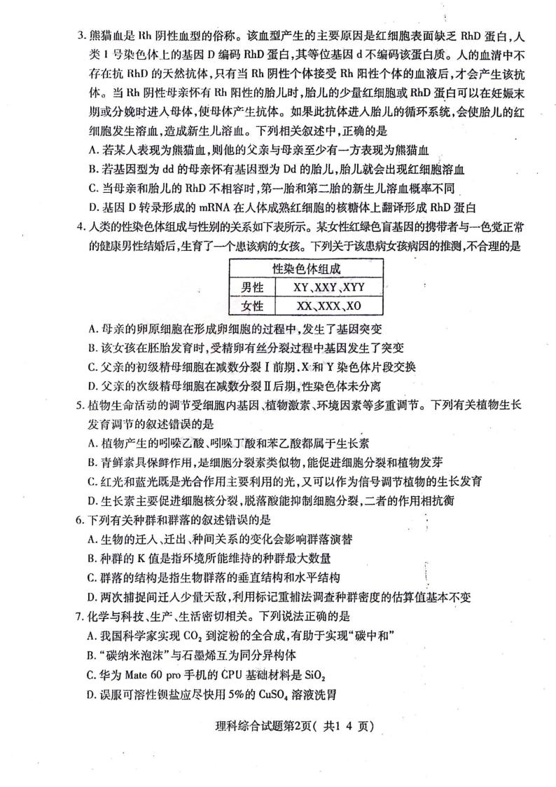 2024届山西省临汾市高考考前适应性训练考试(一)理综02