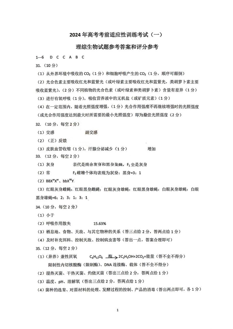 2024届山西省临汾市高考考前适应性训练考试(一)理综01