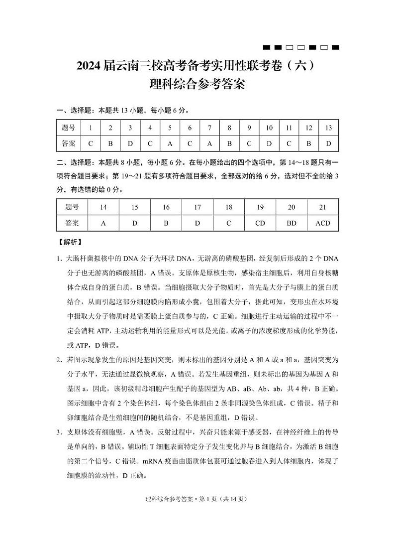 2024届云南三校高考备考实用性联考卷(六)理综试题+答案01