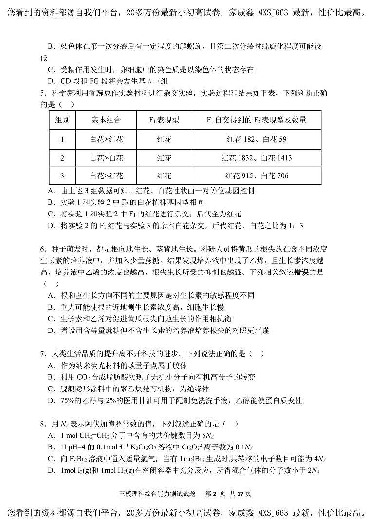 124,2024届陕西省西安中学高三下学期三模理综试题(1)02