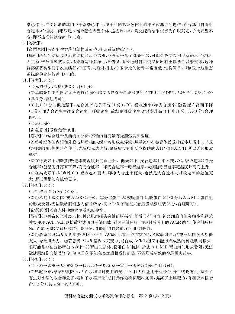 2024届3月理综新教材卷答案第2页
