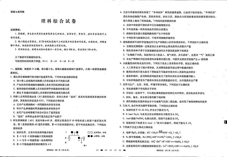 贵阳第一中学 2023 届高考适应性月考卷(三)高三上学期理综试题及答案01