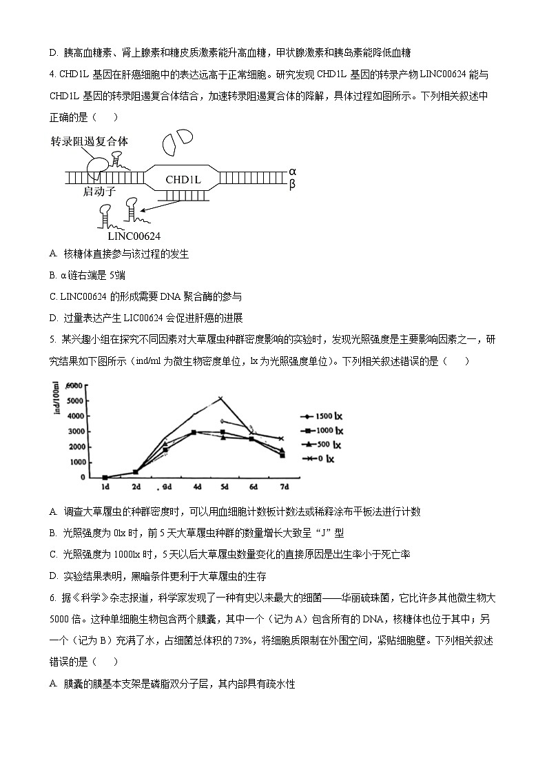 2023届安徽省池州市高三下学期教学质量统一检测(二模)理综生物试题(原卷版+解析版)02