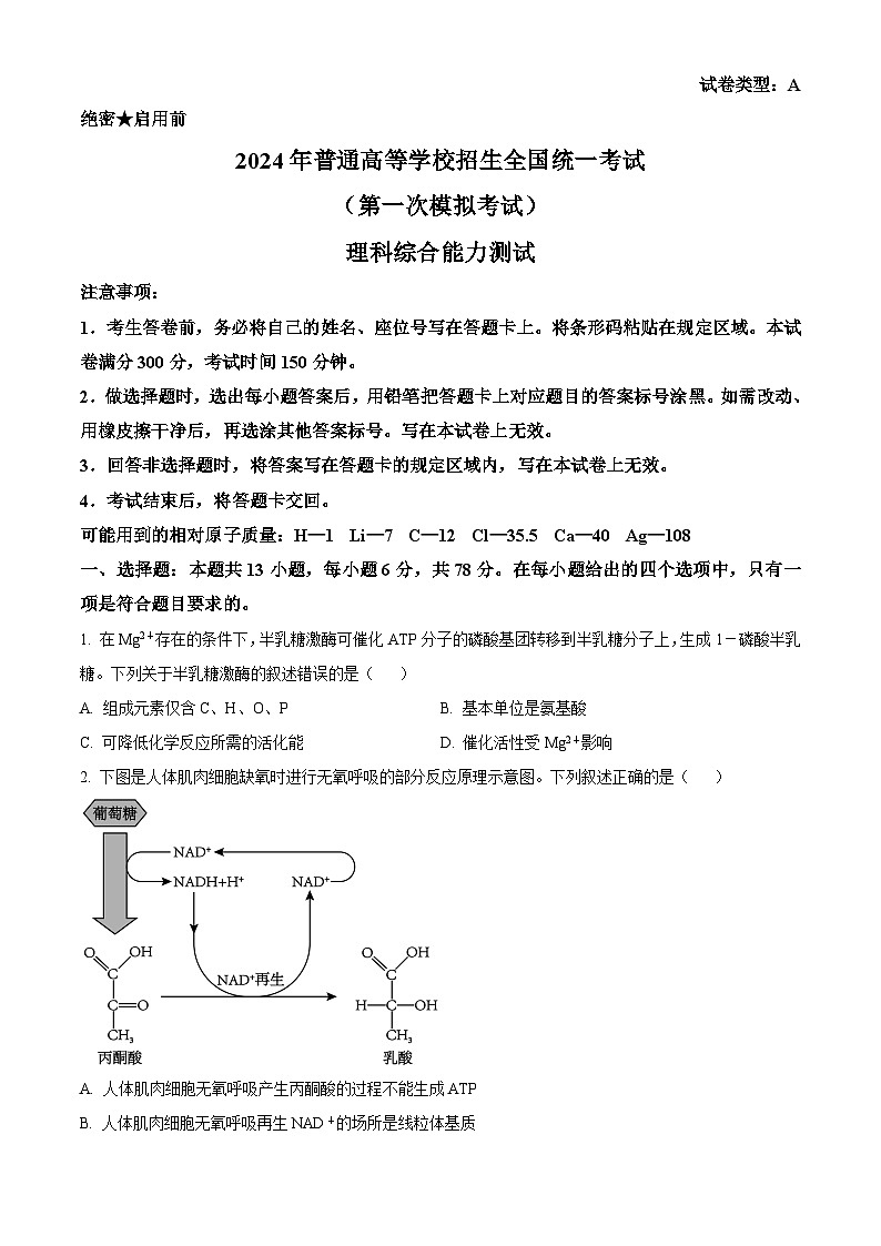 2024届内蒙古自治区包头市高三下学期一模理综生物试题(原卷版+解析版)01