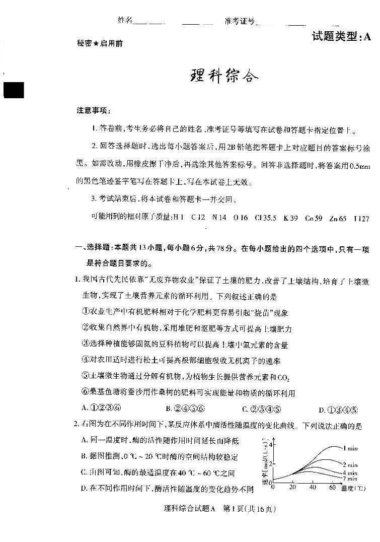 2024届山西省高三适应性考试(一)理综试题01