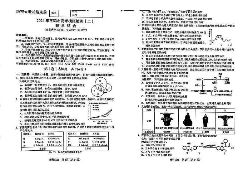 2024届陕西省宝鸡市高三下学期第二次模拟考试理科综合试题第1页