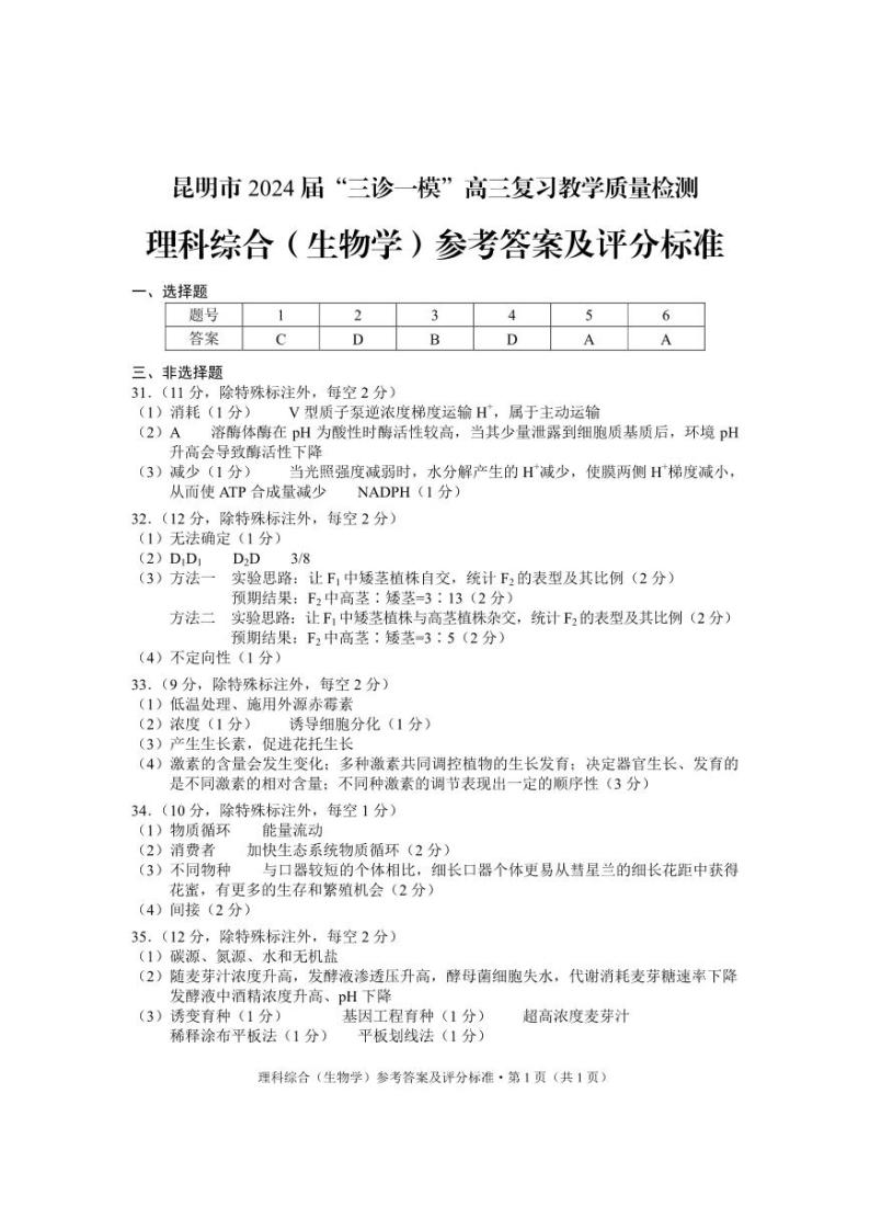 2024届云南省昆明市高三下学期“三诊一模”教学质量检测（二模）理综01